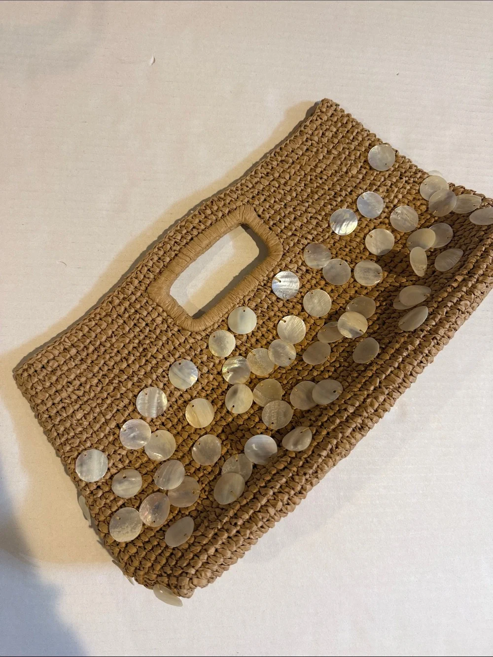 J. Crew Tan Woven Clutch with Shell Discs